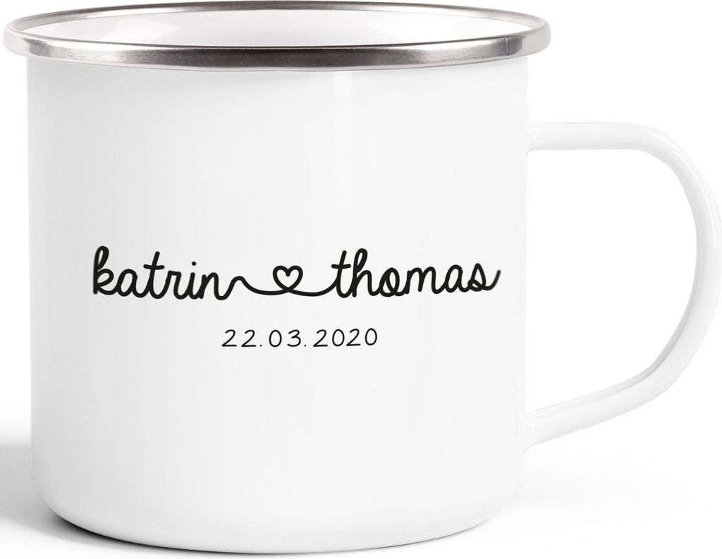 Emaille-Tasse personalisiert Geschenk Partner Namen und Datum anpassbar Hochzeitstag Hochzeitsgeschenk Liebe SpecialMe weiß-metall Emailletasse