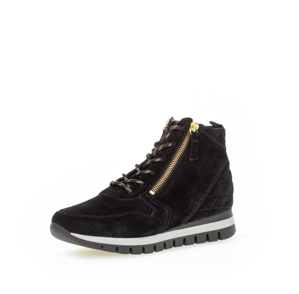 A black suede high-top sneaker with a gold zipper detail is shown against a white background.