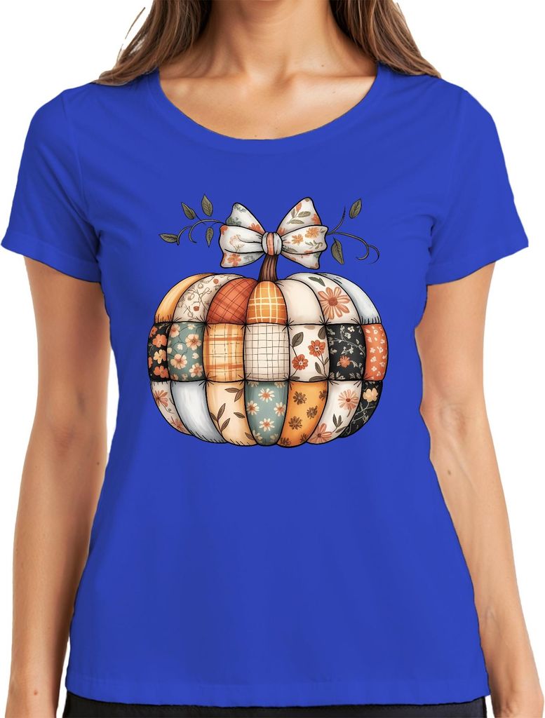 Patchwork Kürbis Herbst Boho Vintage Blumen Landhaus Shabby Chic Damen T-Shirt, Blau, XL