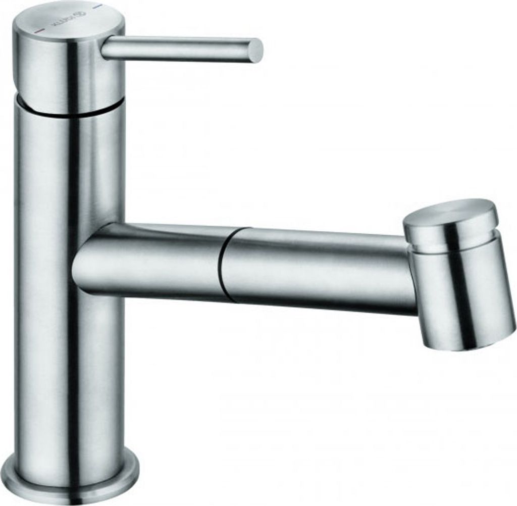 A studio shot of a stainless steel kitchen faucet with a pull-out spray head.