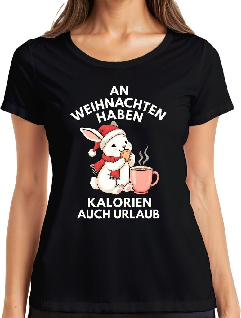 Weihnachten Kalorien haben Urlaub Hase Kekse Kaffee lustig süß Damen T-Shirt, Schwarz, M