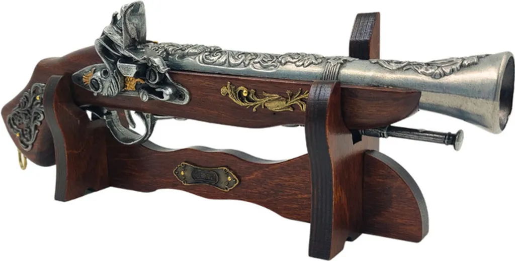 Pistolet de Décoration Ancien Italien 17ème Siècle avec Support Bois 163S