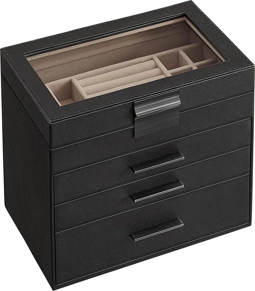 Organisateur Bijoux Coffret Graphite Tiroirs Noirs Protège-Bijoux Luxe