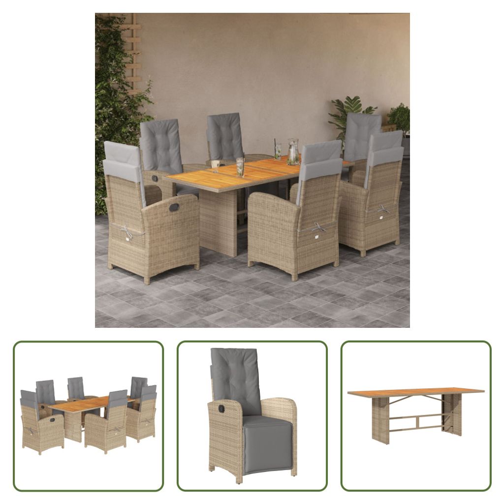 The Living Store 7-tlg. Garten-Essgruppe mit Kissen Beige Poly Rattan
