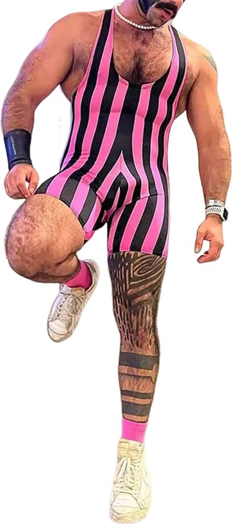 Herren Fitness Bodysuit Ärmellos Tiefer U-Ausschnitt Gestreifter Jumpsuit Gym Athletic Supporters Boxer Wrestling Singlets Trikot Tank Top Unterhe...