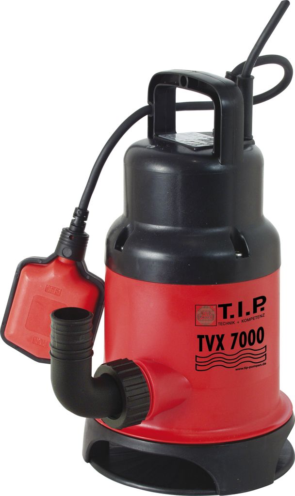 A red and black submersible pump with a float switch and power cord, set against a white background.