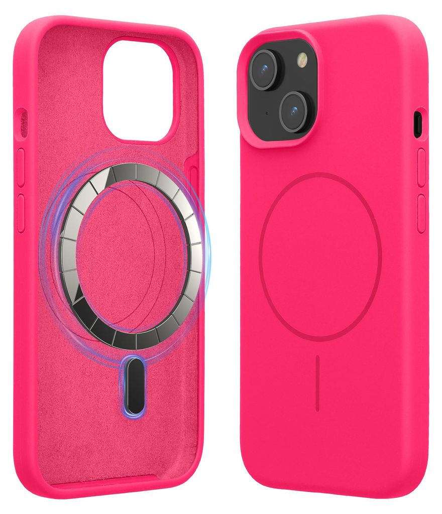 kwmobile Handyhülle für Apple iPhone 15 - Hülle für MagSafe - Hülle für iPhone 15 Case - Silikon Rückseite magnetisch in Neon Pink