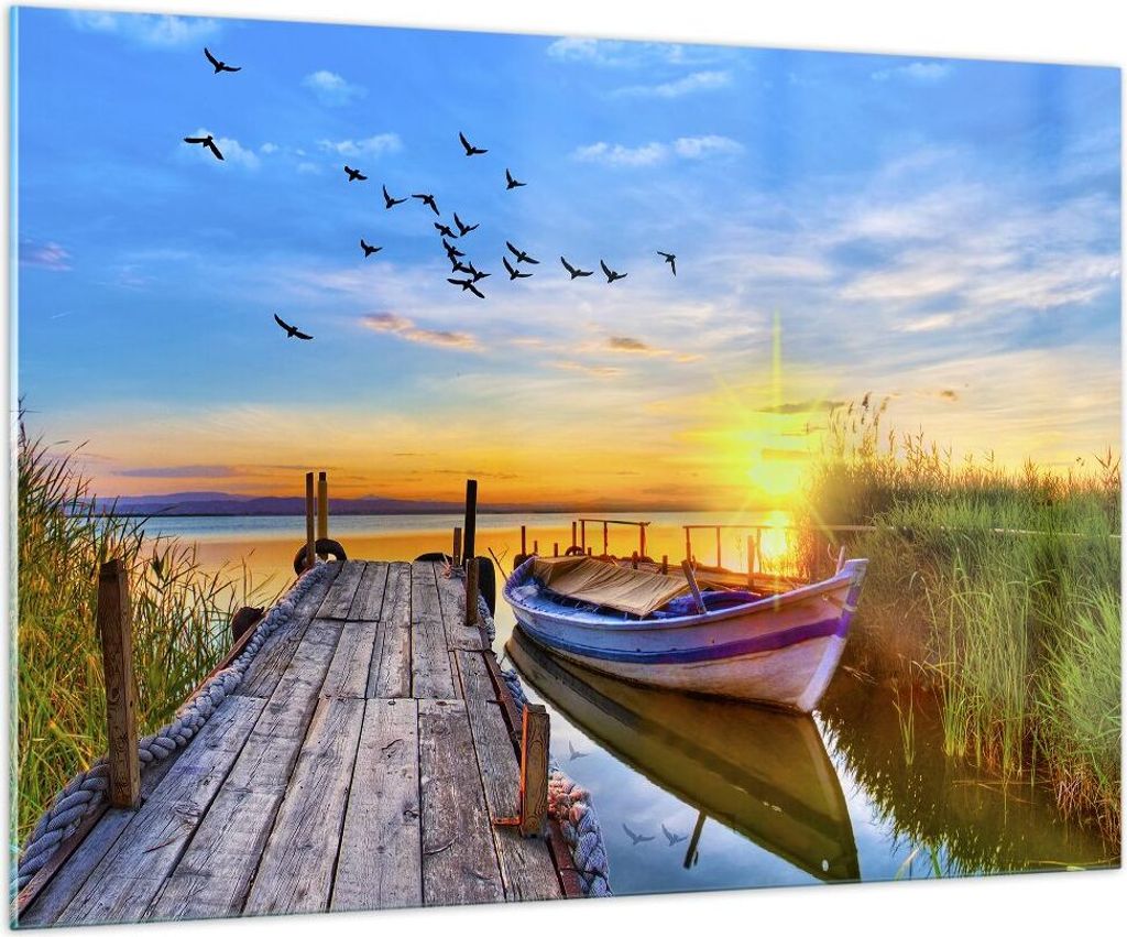 Bilder auf glas - See Boot Wasser - 100x70cm - Glasbilder - Wandbilder - Kunstdruck - zum Aufhängen bereit - Wanddekoration aus Glas - Glas Bilder...