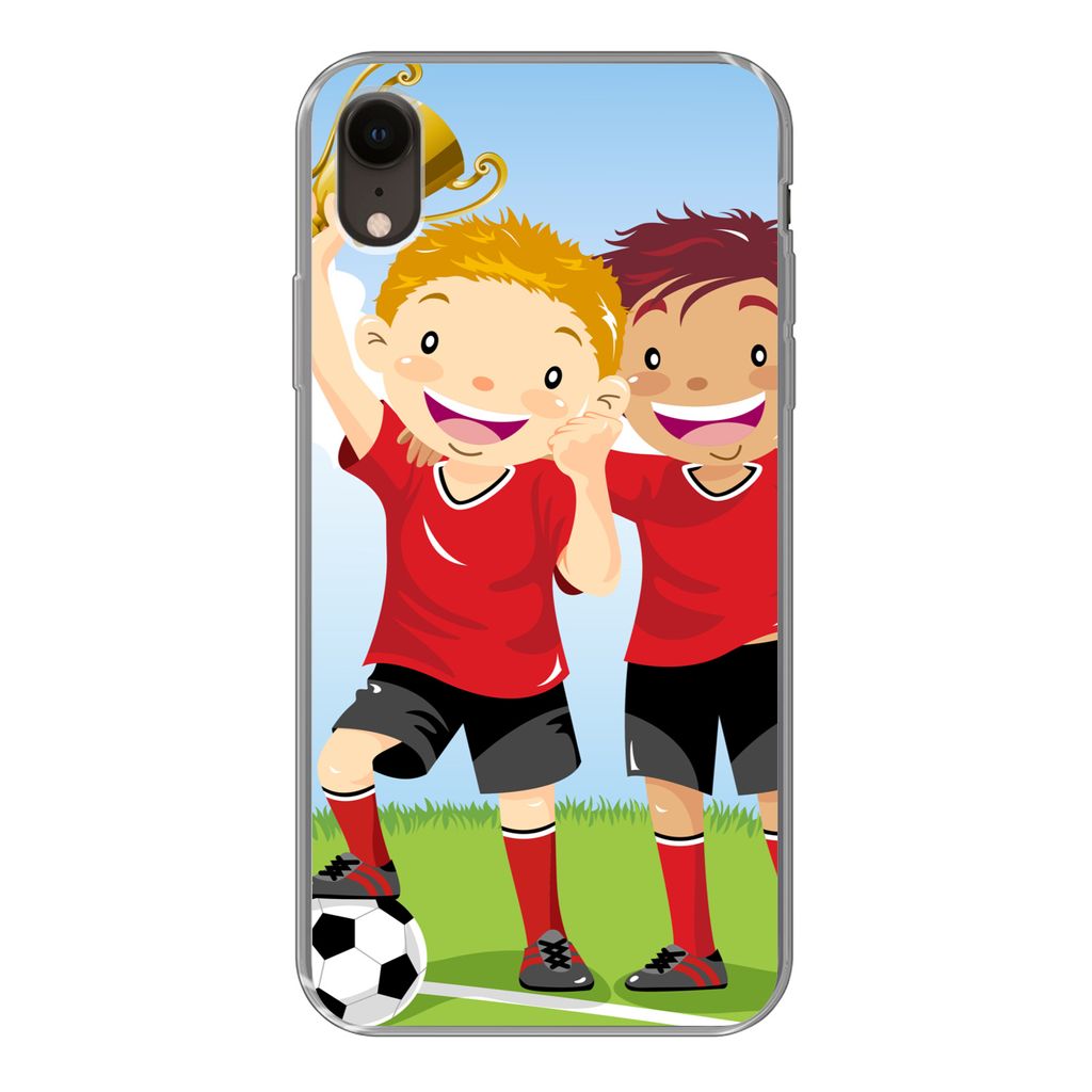 MuchoWow Handyhülle Schutzhülle Hülle für iPhone XR Eine Illustration von zwei Fußballspielern, die einen Preis gewonnen haben - Jungen - M...