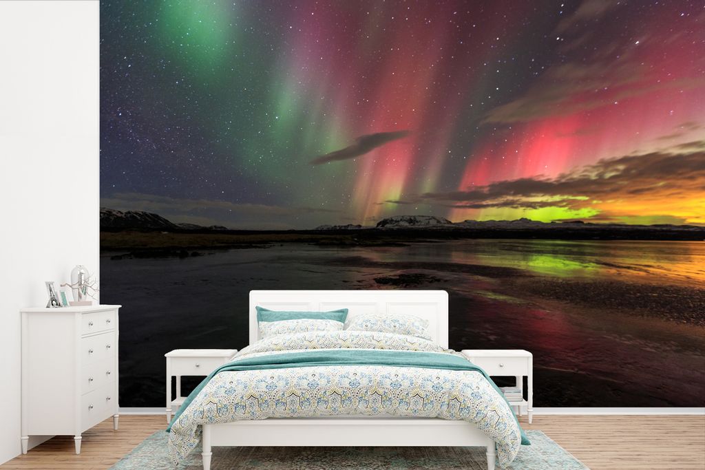MuchoWow Fototapete für Wohnzimmer oder Schlafzimmer Wandtapete Vinyl Motivtapete Nordlichter - Island - Farben - 330x220 cm - Fototapeten