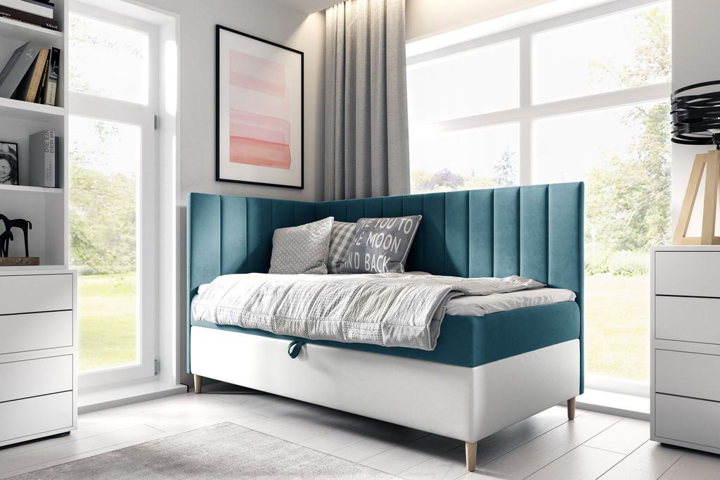 Kontinentales Bett 100x200 MIREN 3 - blau/weiß, links zu öffnend + GRATIS Matratzenauflage