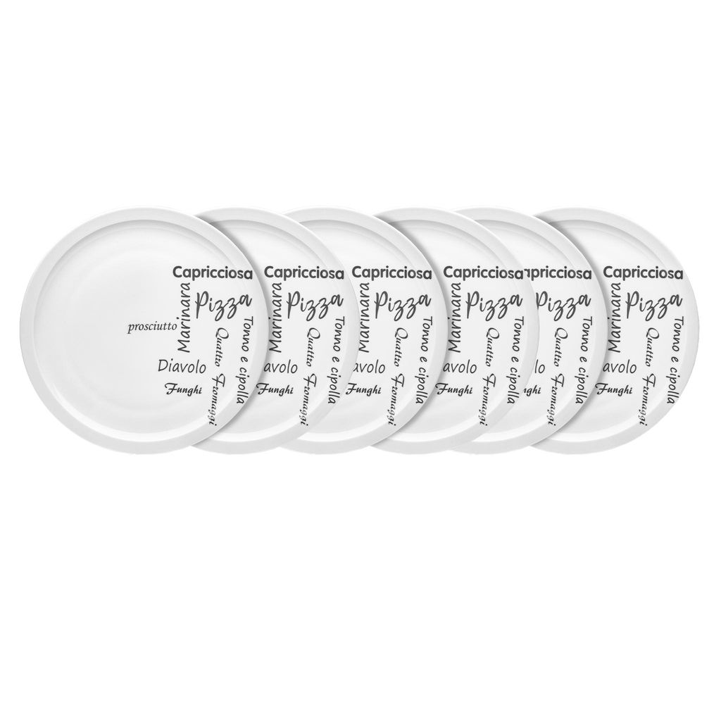 Pizzateller Italia 30 cm 6er-Set Porzellan weiß mit grauem Druck – Van Well – spülmaschinen- & mikrowellengeeignet
