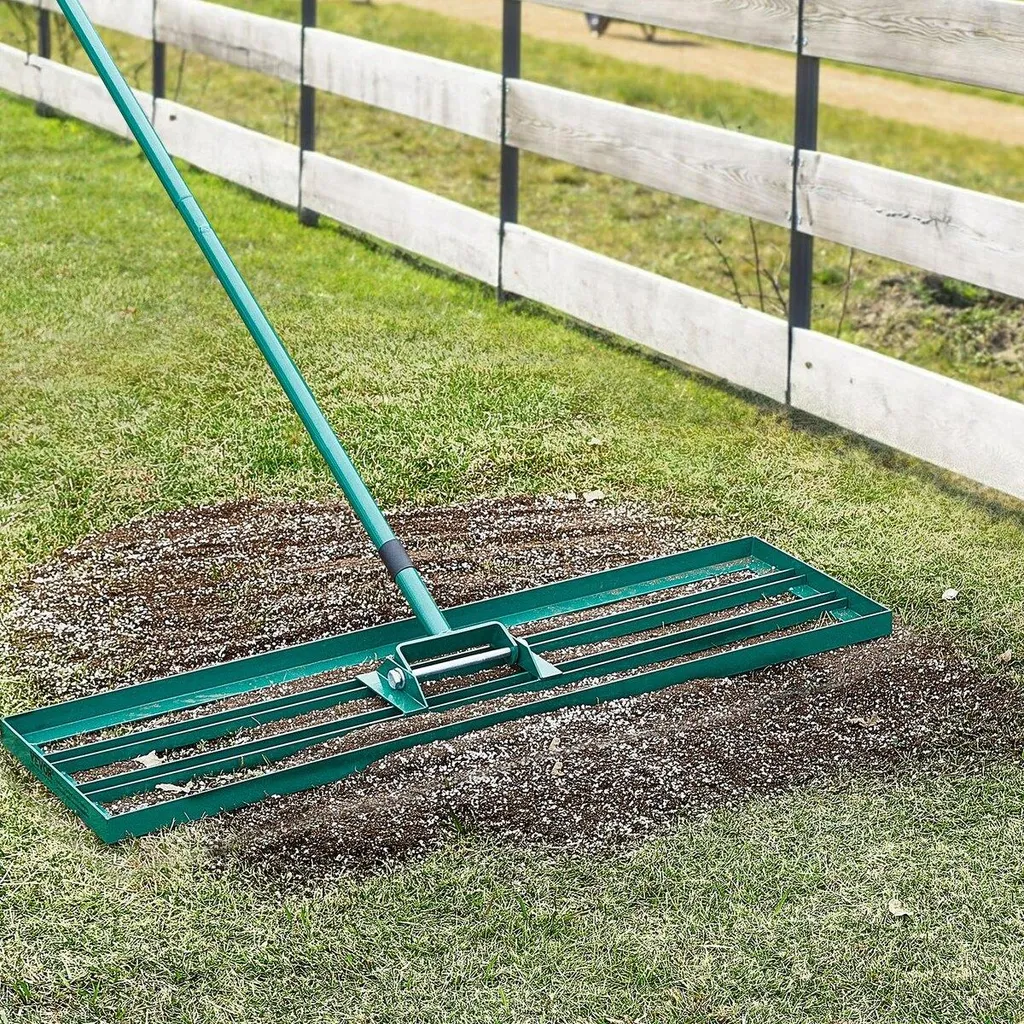 Rastrello livellatore per prato, 91,4 x 25,4 cm Attrezzo livellatore per prato, livellatore per prato resistente con manico allungato in acciaio da 198,1 cm, rastrello livellatore per giardino, prato da golf, fattoria - 8