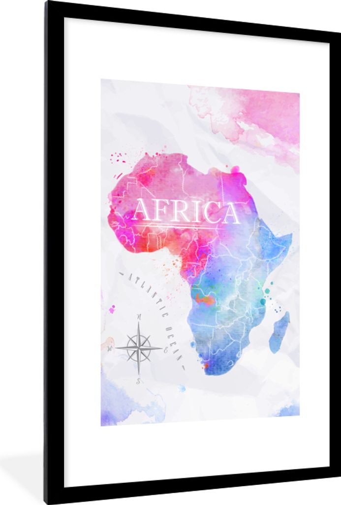 MuchoWow MuchoWow Gerahmtes Poster Aquarell - Weltkarte - Afrika 60x90 cm - Poster mit zchwarzem Bilderrahmen - Dekoration - Wandposter Wohnzim...