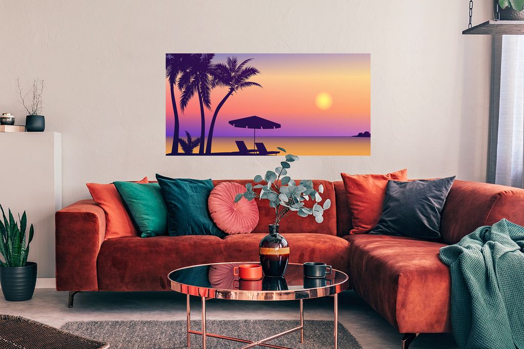 MuchoWow Poster Strandkorb - Sonnenschirm - Sommer - Illustration 120x60 cm - Bild