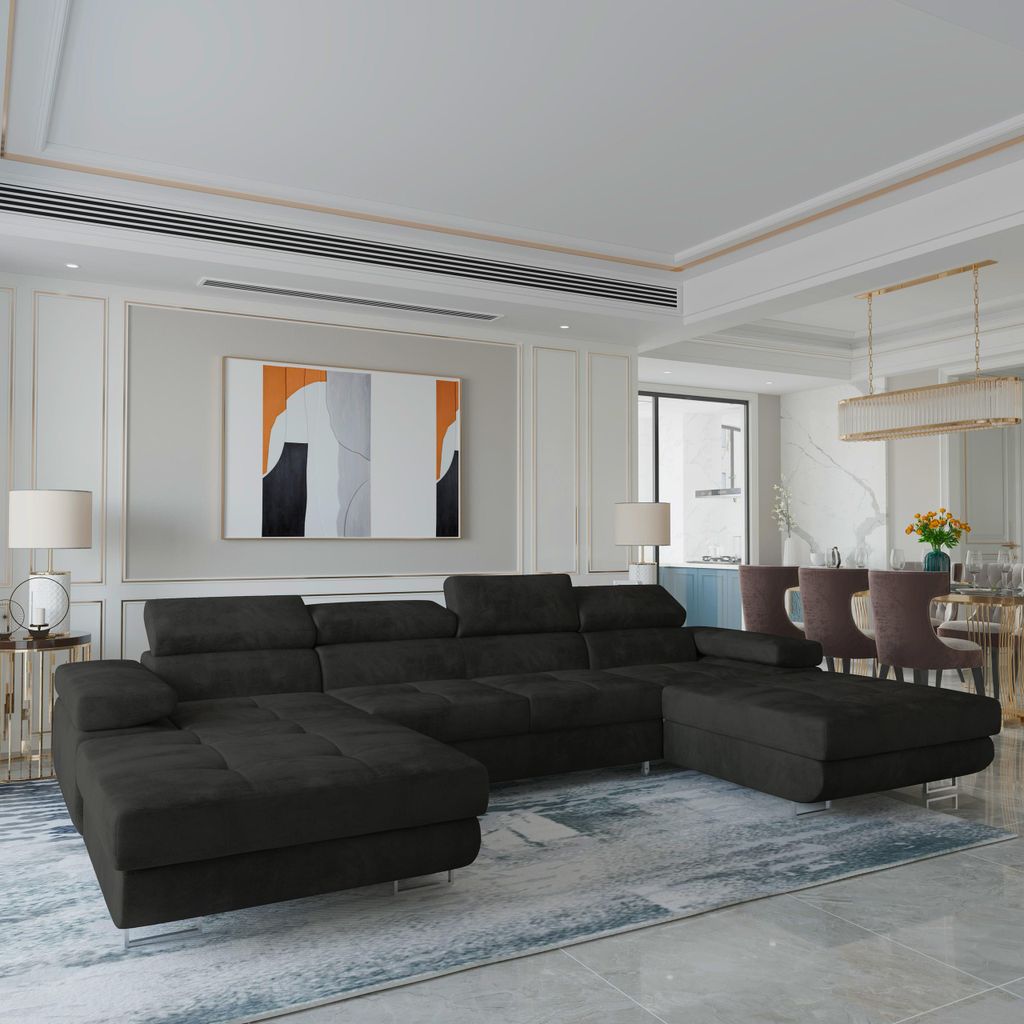 Masseno Ecksofa LYKKE mit Schlaffunktion U-Form, Sofa mit Bettkasten, Wohnzimmersofa, Couch, Soffa, Bettsofa, Couchgarnitur- Schwarz, MONOLITH 95