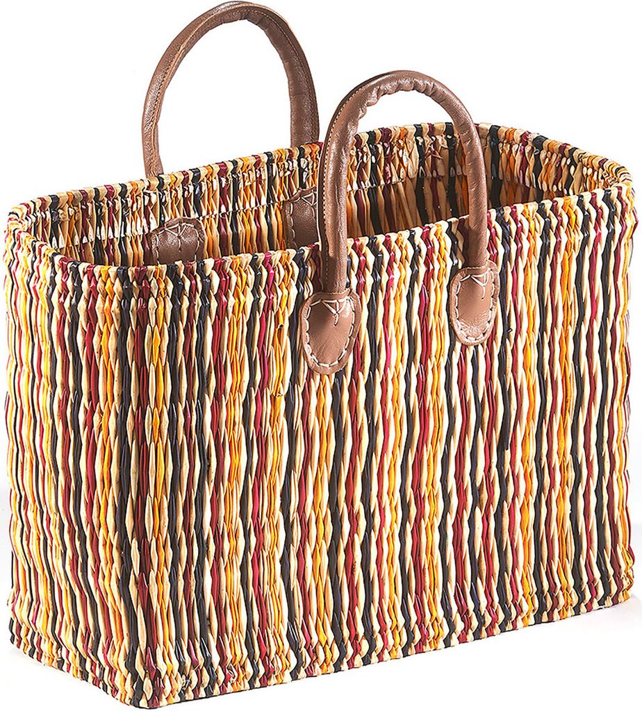 Kobolo Tasche Seegrastasche Korbtasche Strandtasche - Lederhenkel -Bunt Braun- Shopper Einkaufstasche Handtasche Henkel Schultertasche Freizeit Damen