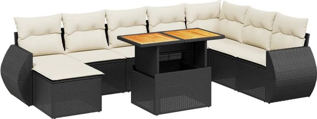 vidaXL 9-tlg. Garten-Sofagarnitur mit Kissen Schwarz Poly Rattan