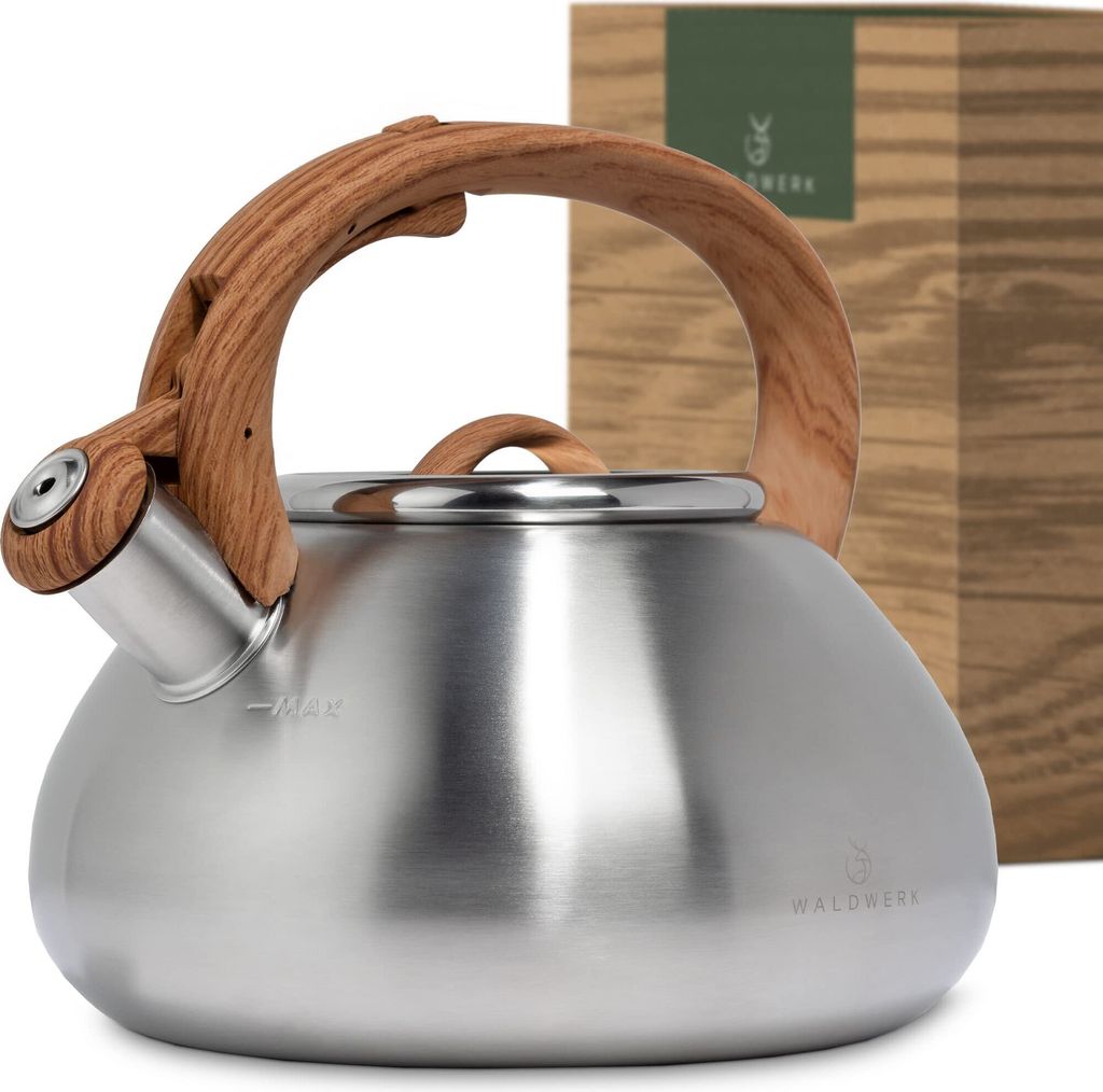 WALDWERK Wasserkessel (2,3L) - Wasserkessel für Induktion und Gasherd - Teekessel mit Holzoptik Griff - Flötenkessel mit Pfeifton, Edelstahl & Ku...