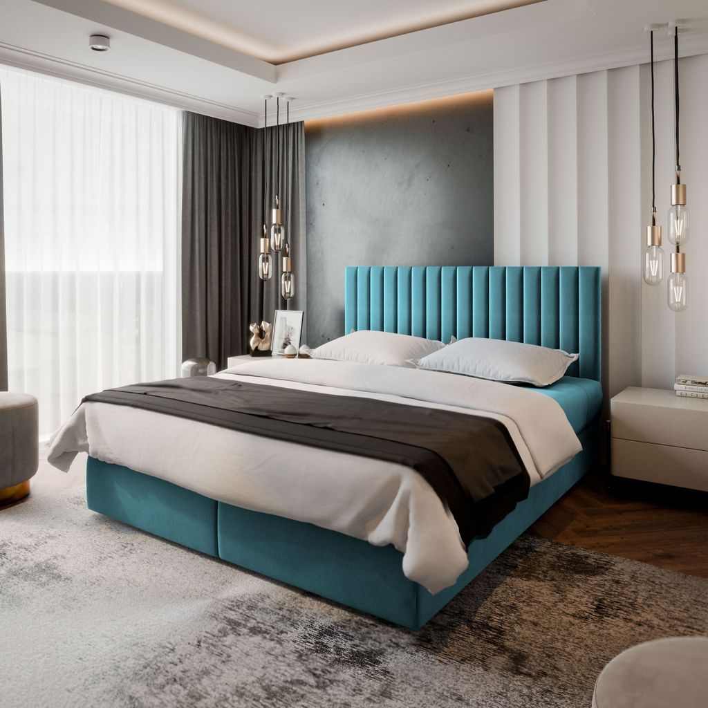 Masseno Boxspringbett BRESEL 180x200 cm Komplett-Set mit Bonell Matratze und Topper, Polsterbett mit Bettkästen -Blau, KRONOS 13