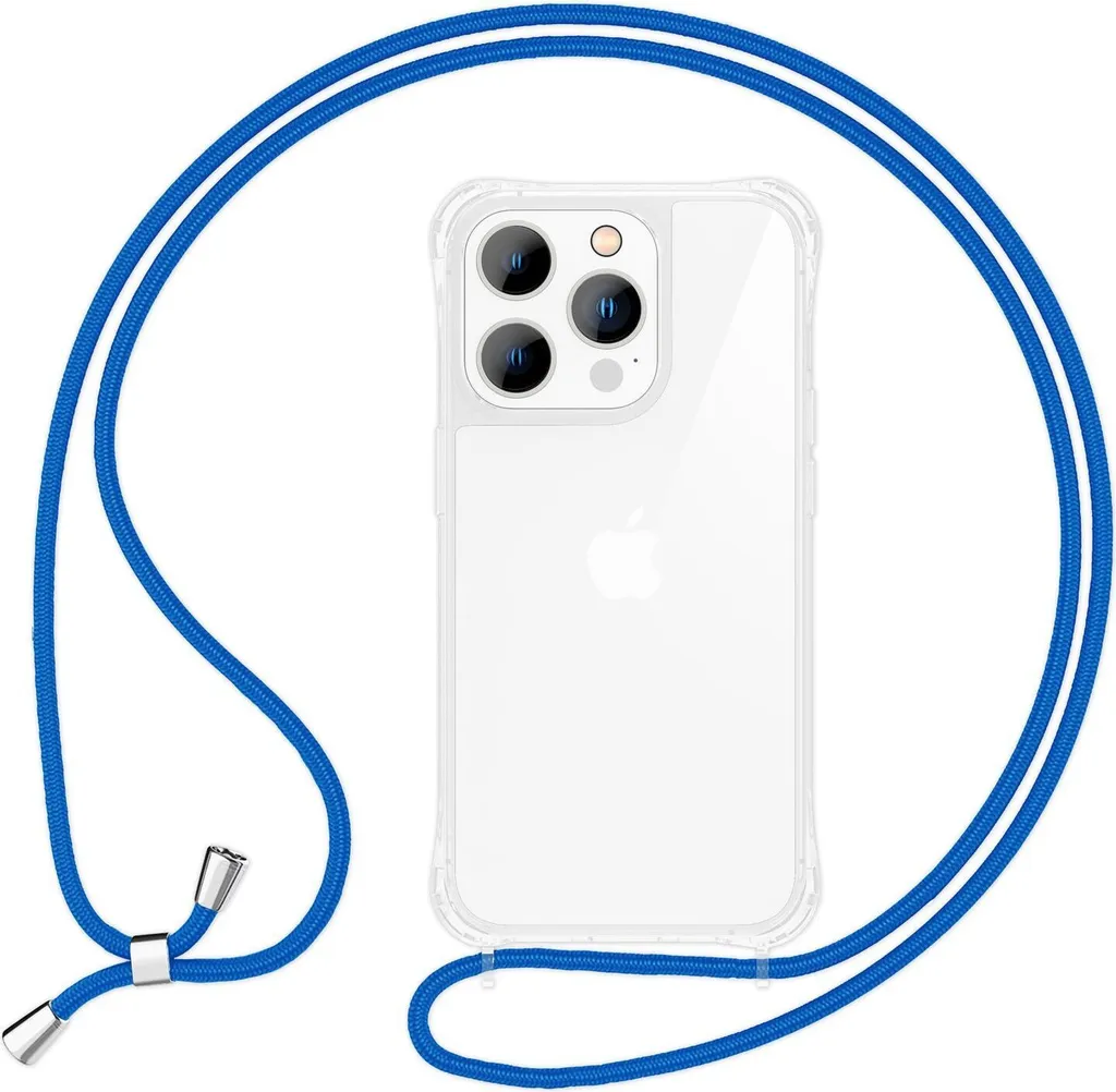 Custodia con cinturino per iPhone 15 Pro Max custodia per telefono cellulare Appendino intorno alla custodia a catena per telefono cellulare cavo blu