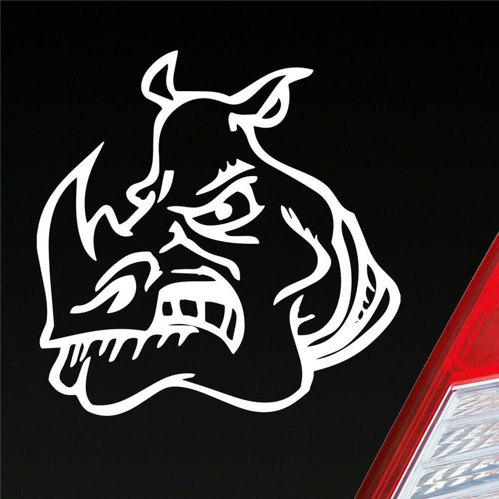 Auto Aufkleber Böses Nashorn angry Rhino Devil Car 10x10 cm Weiss Glanz Sticker Heckscheibenaufkleber