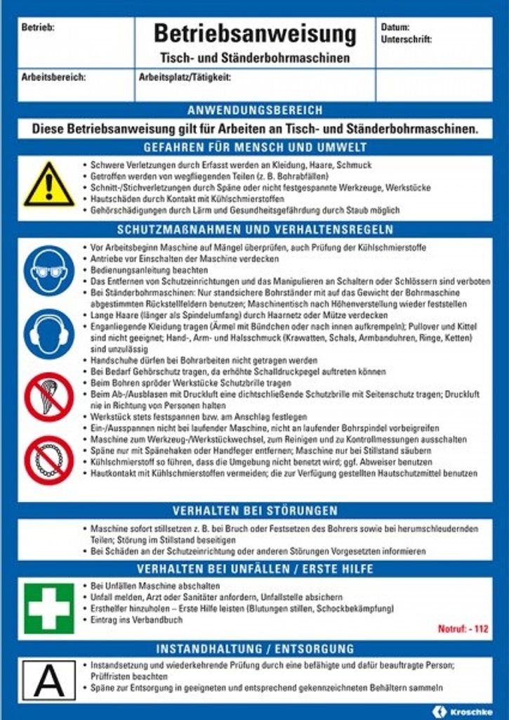 Dreifke Maschinenbetriebsanweisung Tisch- und Ständerbohrmaschinen, Kunststo...