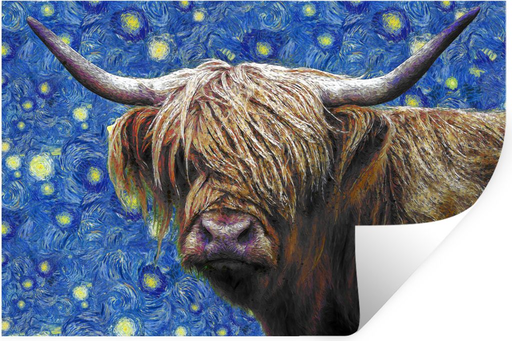 MuchoWow Wandtattoo Wandsticker Wandaufkleber Scottish Highlander - Sternennacht - Van Gogh 30x20 cm Selbstklebend und Repositionierbar - Wierder...