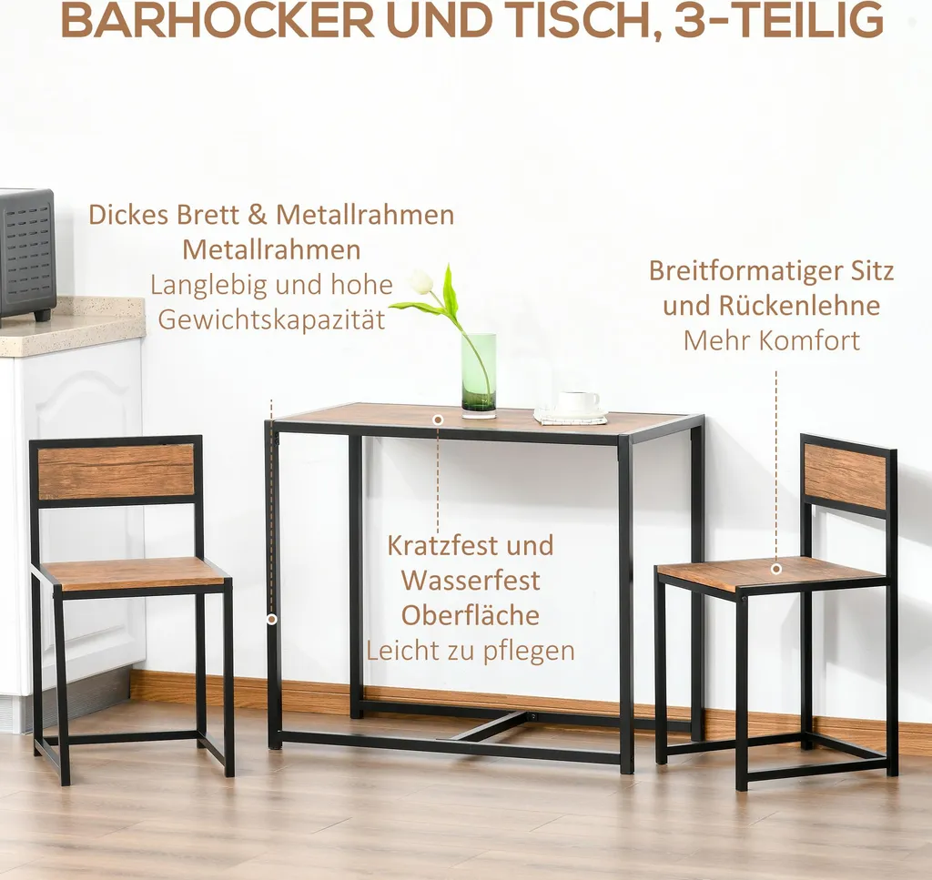 Ensemble Table et Chaises 90x47 cm en MDF et Structure Métallique Noire