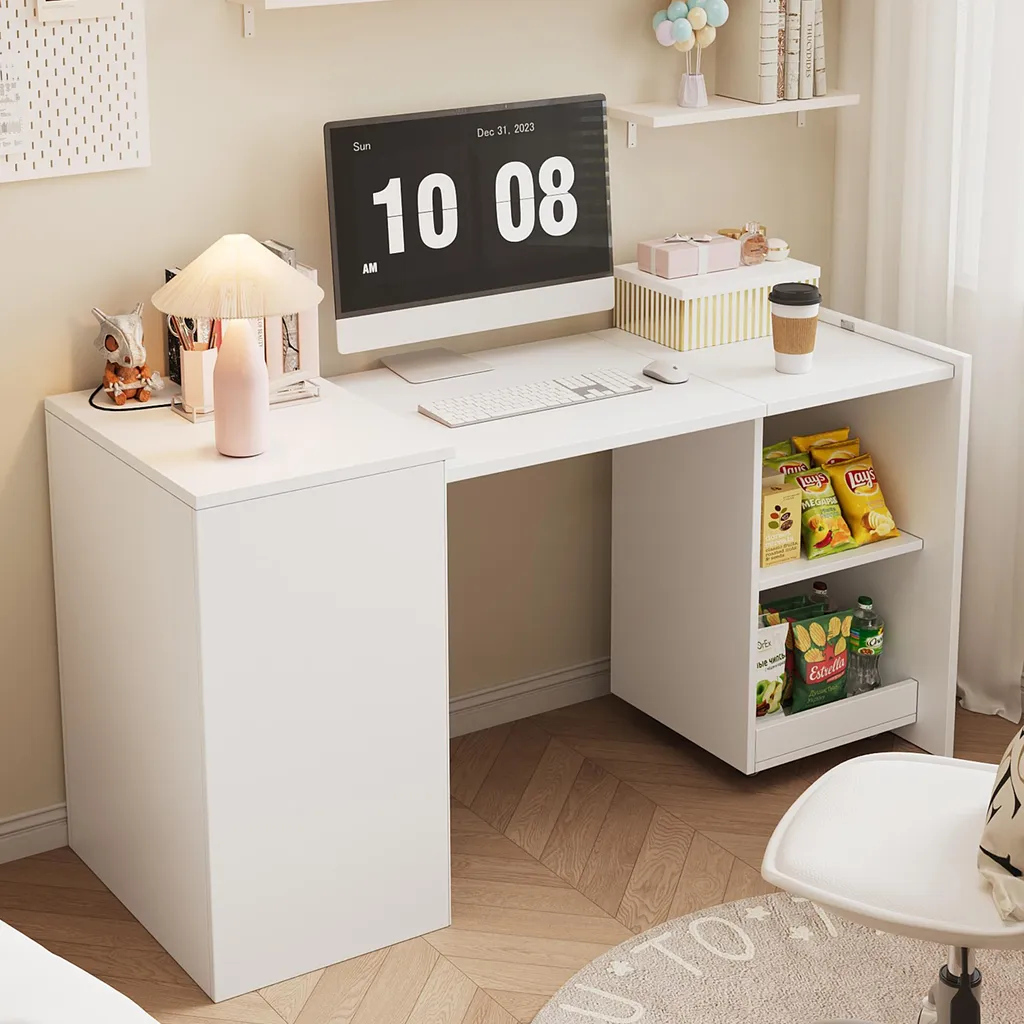 Bureau de travail multifonctionnel blanc avec armoire et rangements