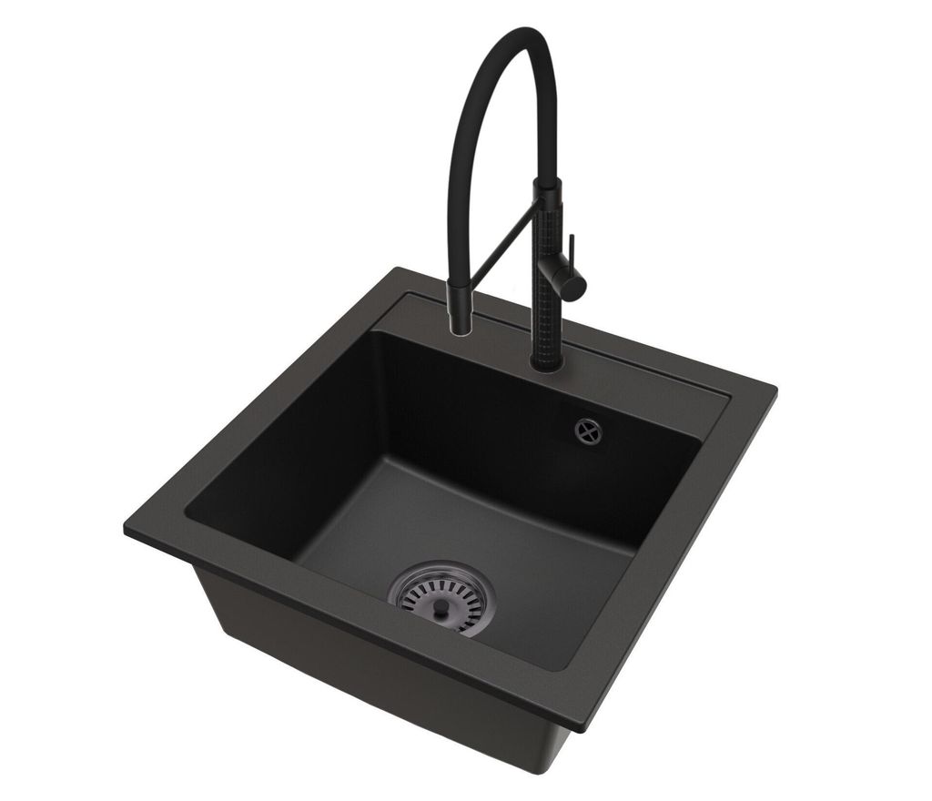 Küchenspüle aus Granit Schwarz mit Armatur FULL Pro und Siphon Schwarz