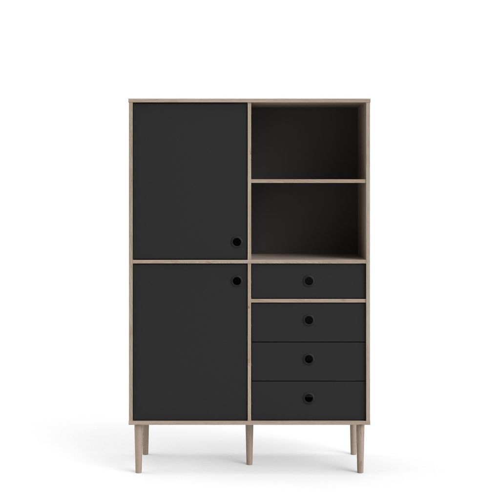 Rome Regal 2 Türen, 4 Schubladen und 2 Fächer Hickory-Nachbildung und matt schwarz.