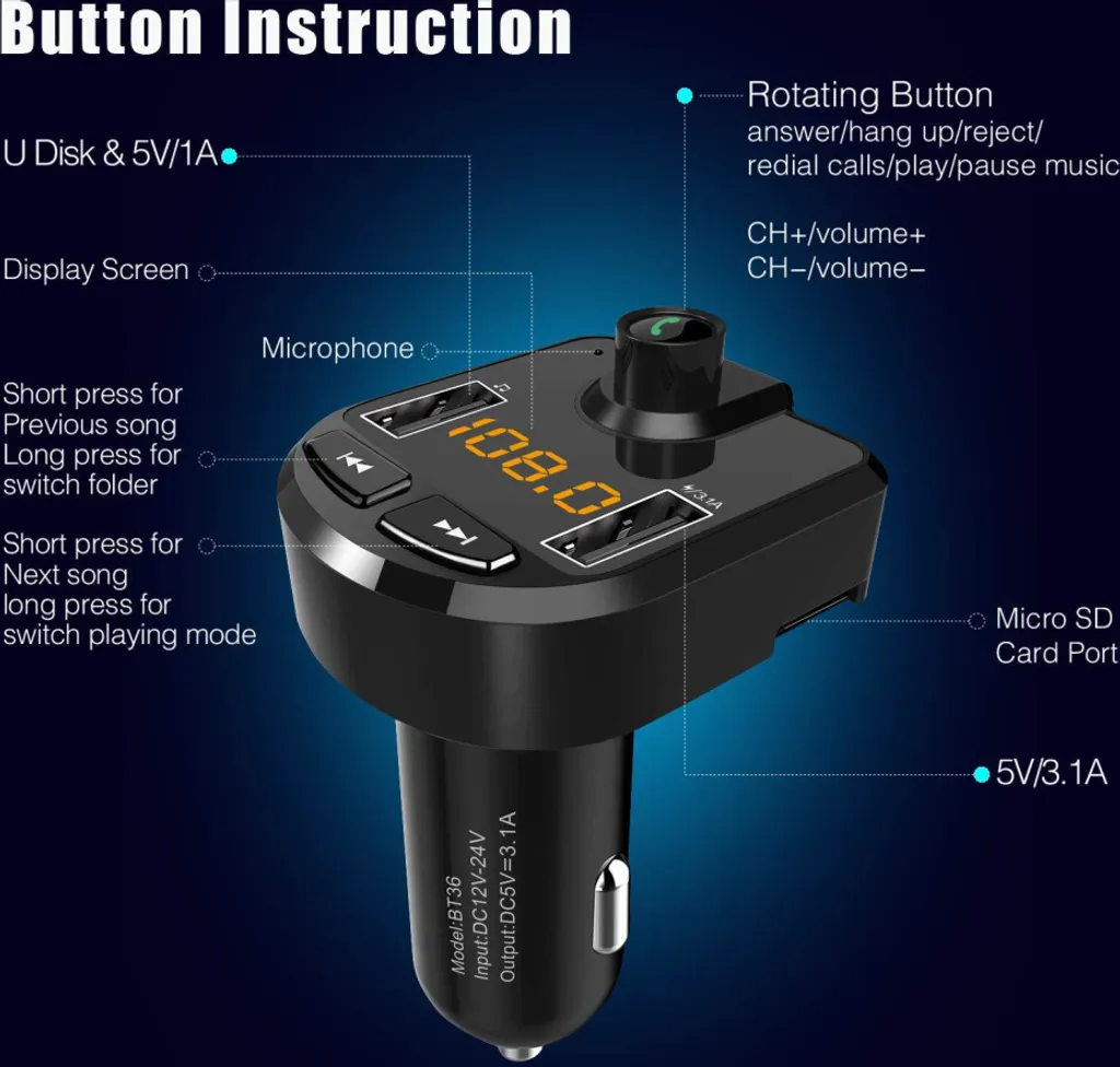 Vivavoce Auto Bluetooth BT36 Hands-free - Lettore MP3 FM e Voltmetro - 2
