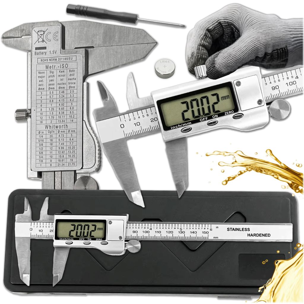 KRUMAD Digitaler Messschieber 150 mm, Elektronische Schieblehre, LCD Anzeige, Innen-, Außen- & Tiefenmessung, Präzisions Messgerät