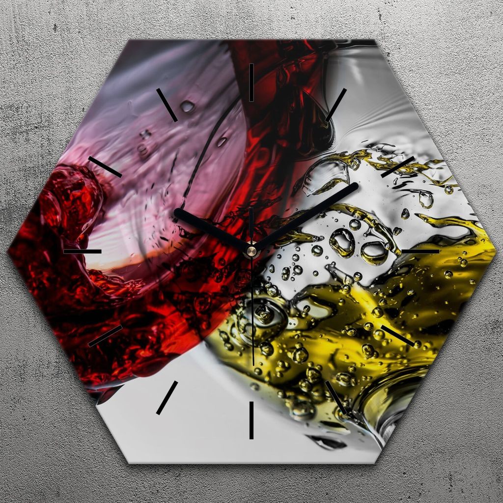 Uhr hexagonal 40 cm Glas Geräuschlos schwarze Zeiger - Wein Glas
