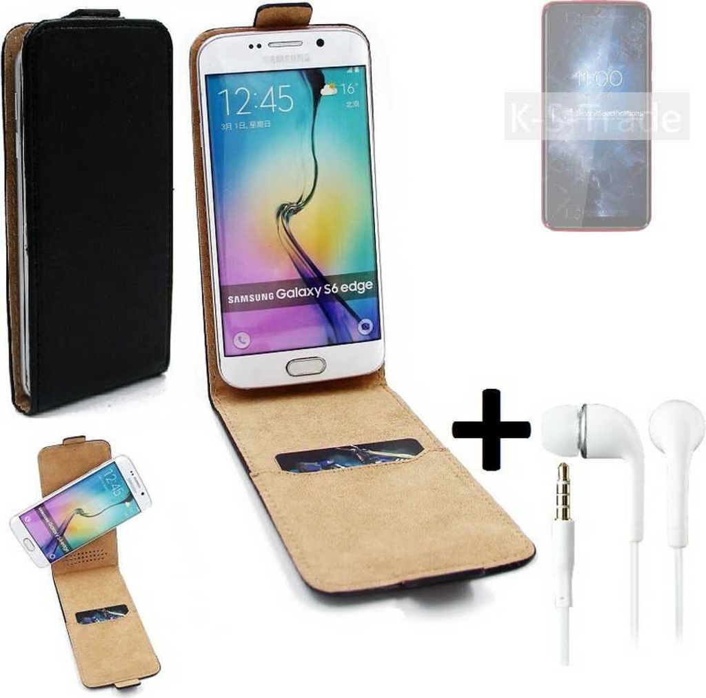 K-S-Trade Handyhülle + Kopfhörer kompatibel mit BQ Mobile BQ-6061L Slim 360° Flipstyle Schutzhülle Smartphone Tasche Case Flip cover schwarz 1x
