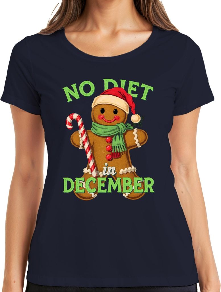 No Diet in December Lebkuchenmann Zuckerstange Weihnachten lustig Damen T-Shirt, Navy, XXL