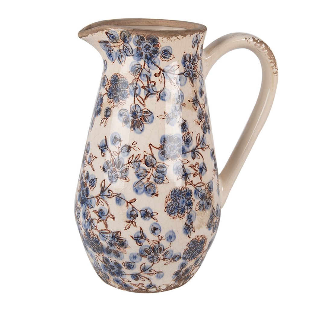 Clayre & Eef Dekorative Kanne 20x14x25 cm Beige Blau Keramik Blumen