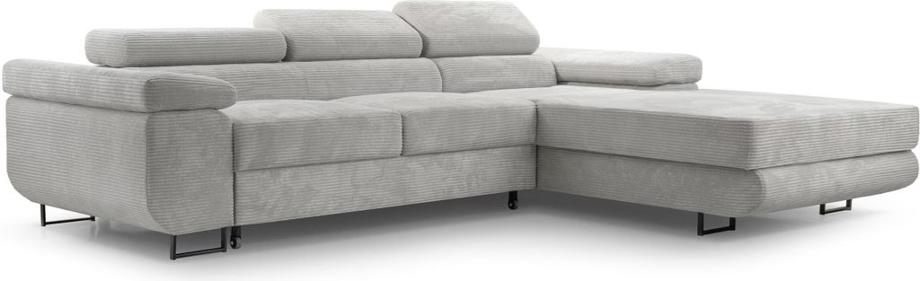 L- Form Ecksofa aus Cordstoff NOVA L gepolstert Ecke mit Schlaffunktion Couch mit Bettkasten 280 cm Großes L-förmig Sofa, Farbe: Hellgrau, Poso 55