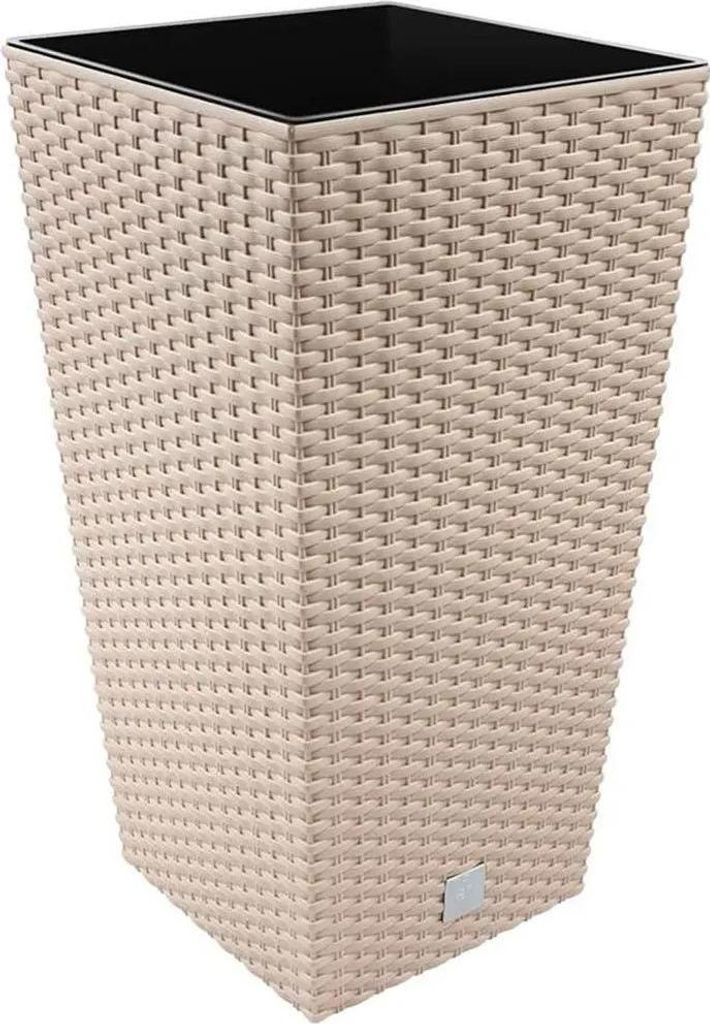 A tall, square planter with a woven texture.
