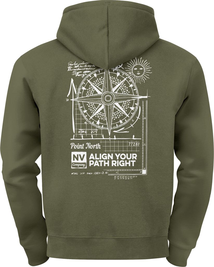 Herren Hoodie Kompass Motiv Backprint | Neverless Point North Kapuzenpullover mit Schriftzug Align Your Path Right Neverless