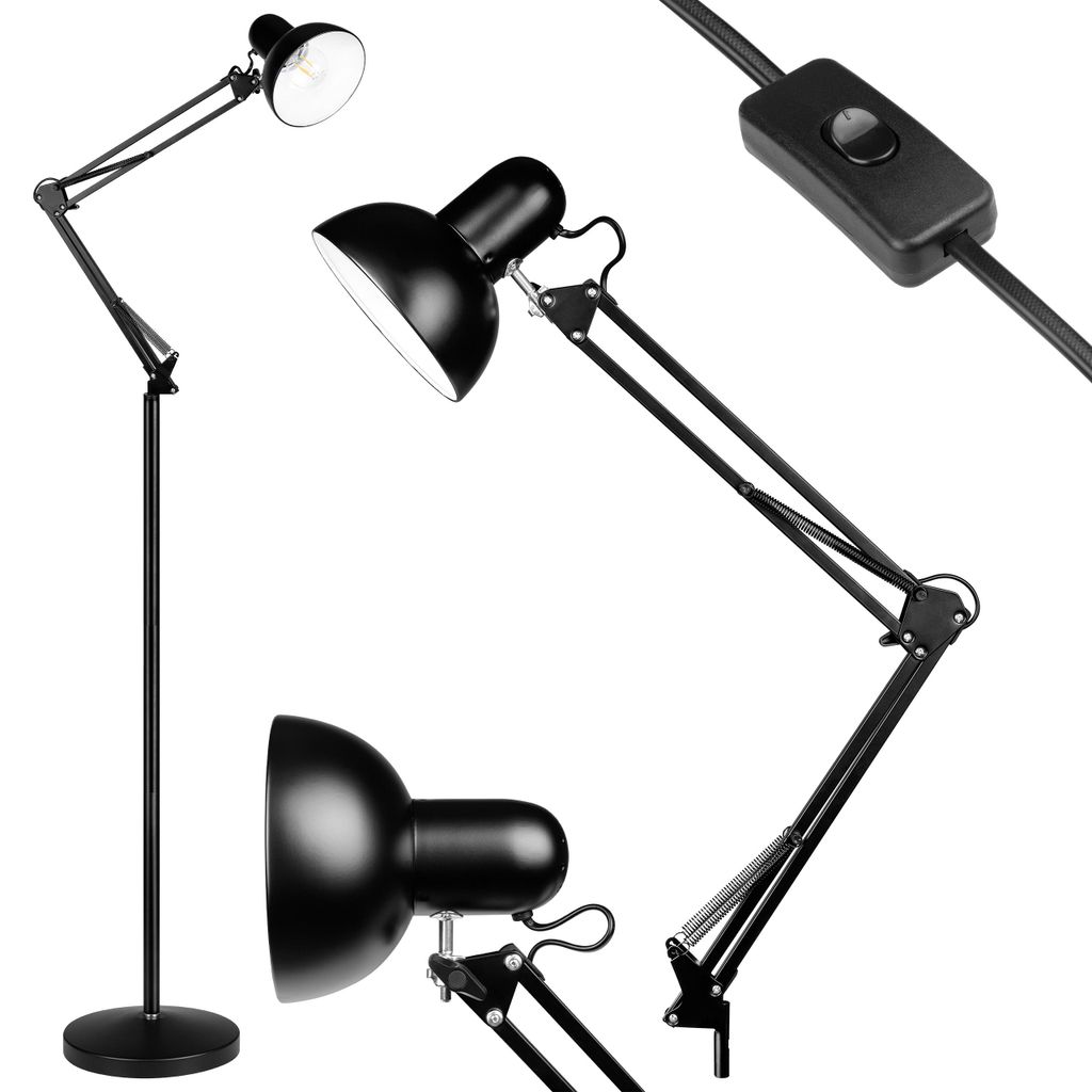 Multiple views of a black adjustable floor lamp.