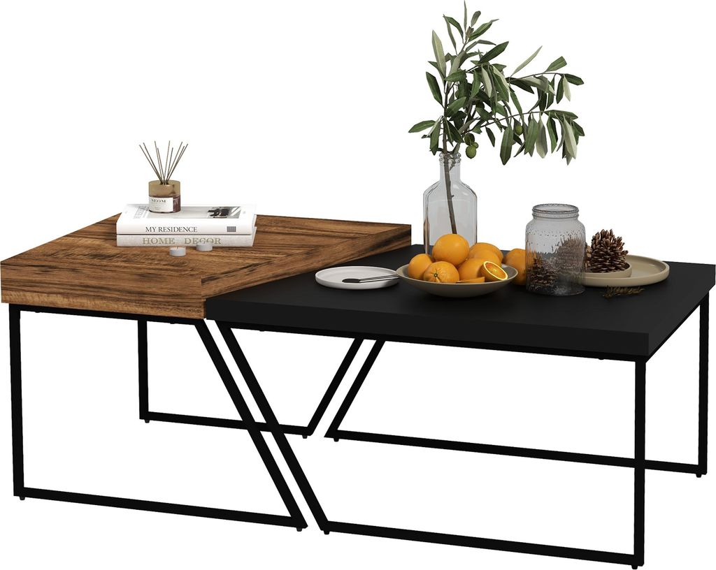 Couchtisch-Set, 2 Beistelltische, Industrial Design, Stahlrahmen, Holz/Schwarz