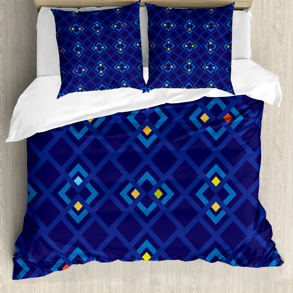 ABAKUHAUS Copripiumino Marine, motivi geometrici Inner Squares, antiacaro e anallergico, con federe, 155 cm x 220 cm - 80 x 80 cm, Indigo Coral Yellow