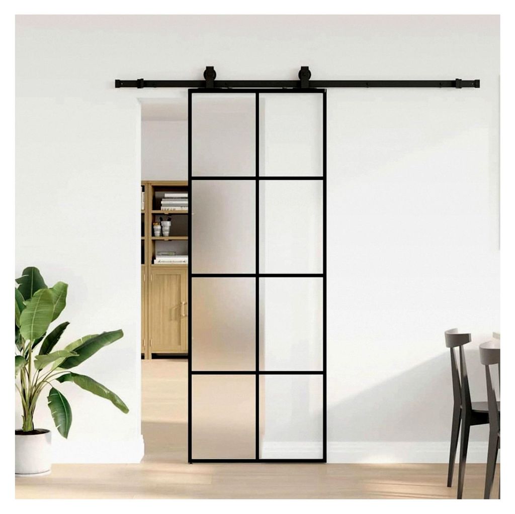 Schiebetür aus ESG-Glas mit Aluminiumrahmen, transparent/schwarz, 76x205cm, 5mm Glas, 100kg Tragfähigkeit