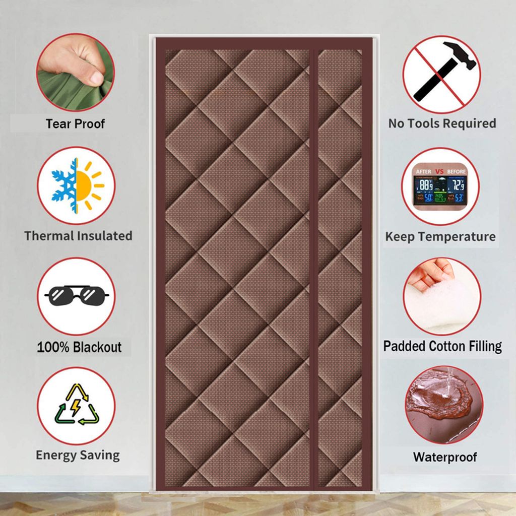Wärmeschutzvorhang Thermo Türvorhang Fliegengitter Panel-Isolierung Thermovorhang Wasserdicht Winddicht Klimaanlage Fliegenvorhang Braun, 90x220cm