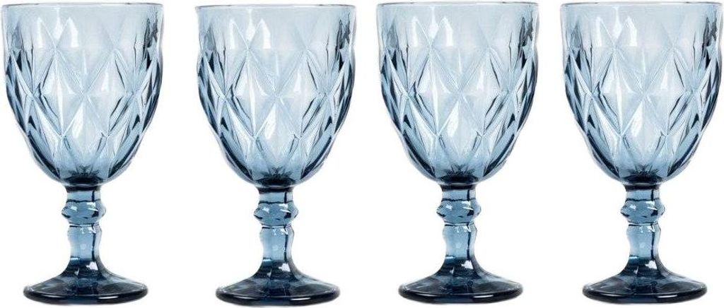 Four blue wine glasses with a diamond pattern are arranged in a row against a white background.