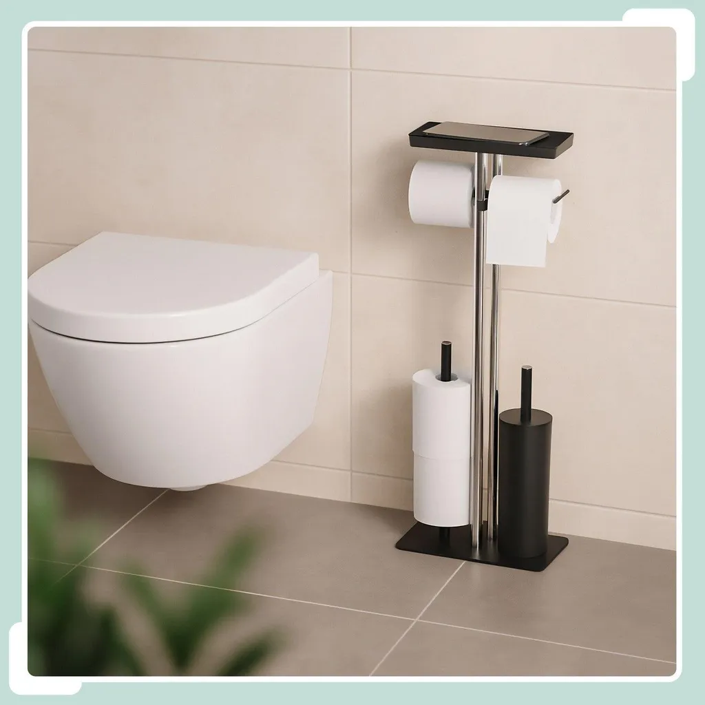 Serviteur WC mural en inox avec porte-rouleau et tablette de rangement