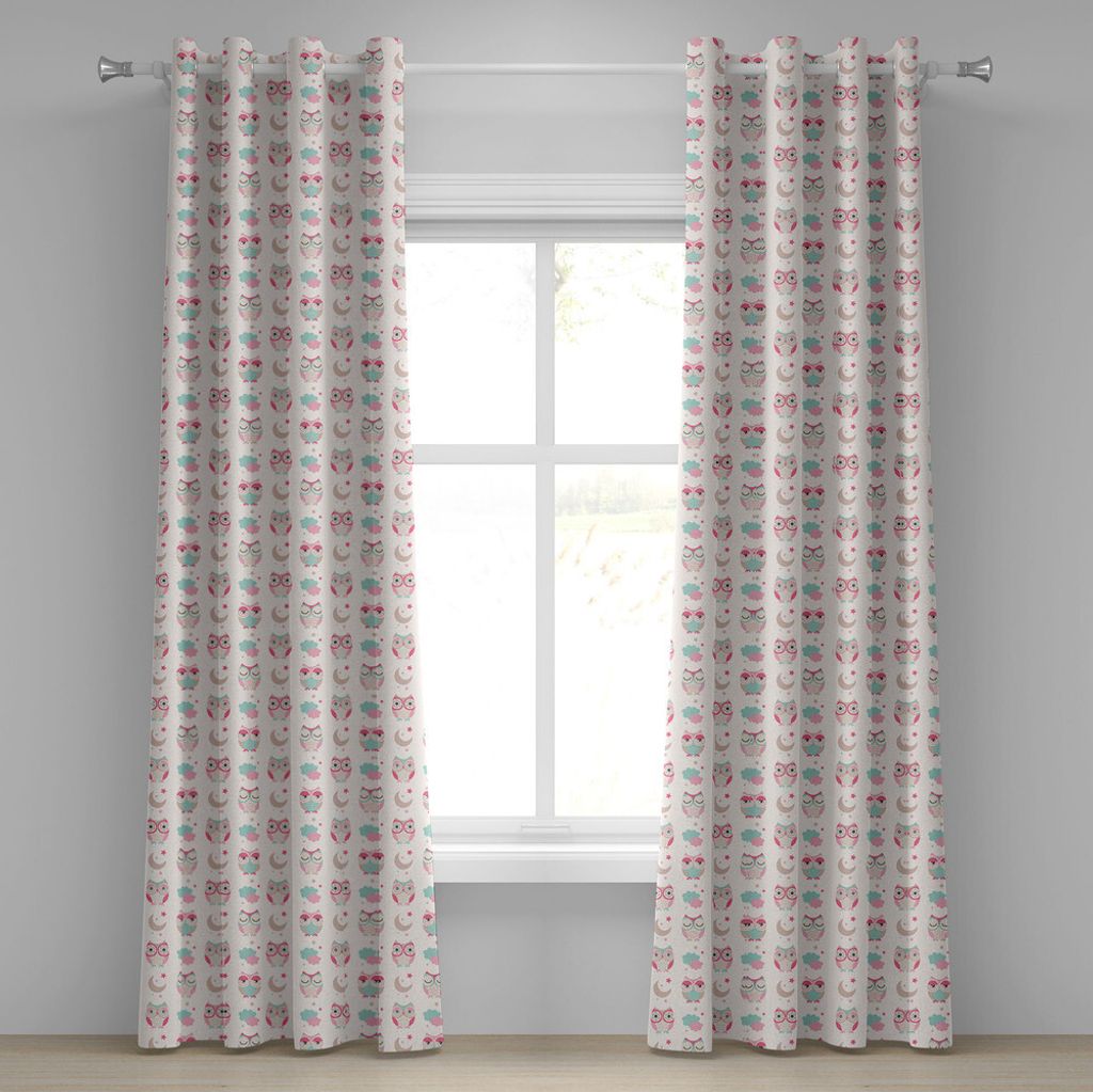 ABAKUHAUS Eulen Ösenvorhang, Eulen Sterne Mond Muster in weiblichen weichen Farben Symmetrische Design Artwork, Dekorative 2-Panel-Fenstervorhäng...