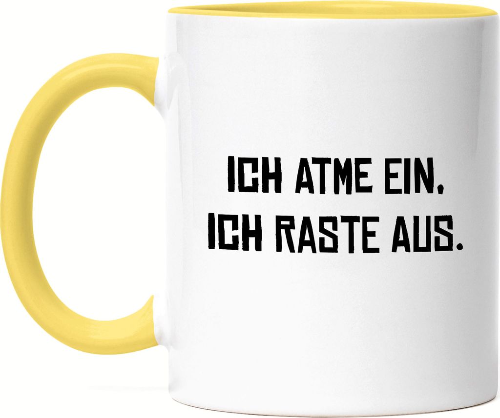 Ich atme ein Ich raste aus Tasse Gelb Geschenk Büro Mitarbeiter Chef Humorvolles Motiv
